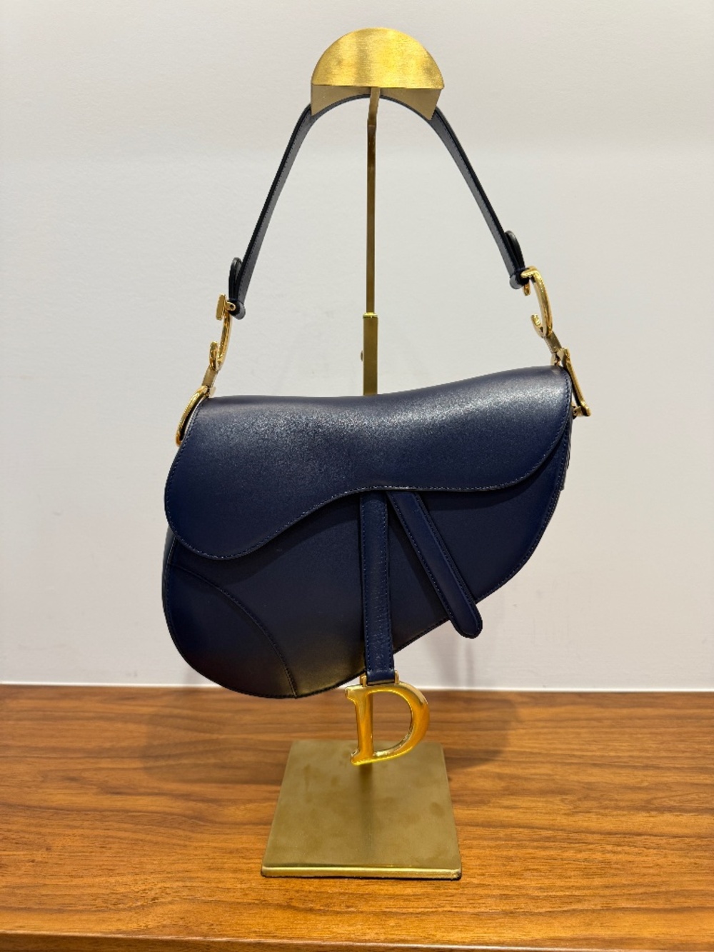 Christian Dior Saddle Bag in Indigo Navy Blue with Burgundy Guitar Strap